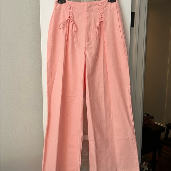 253 • Peach 100% Cotton Poplin Wide Leg Lace Up Summer Weight Pants - Picture 6 of 8